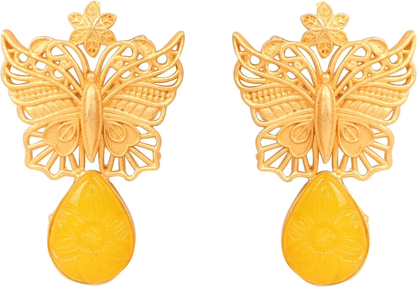 Indian Earrings for Women, Yellow Glass Stone, Matte Gold Tone | Butterfly motif; handcrafted, Bollywood-inspired costume jewelry; trendy fashion