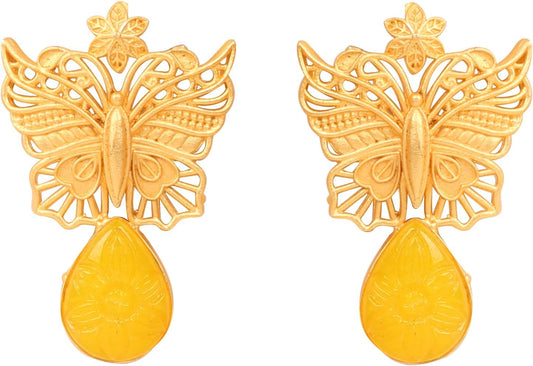 Indian Earrings for Women, Yellow Glass Stone, Matte Gold Tone | Butterfly motif; handcrafted, Bollywood-inspired costume jewelry; trendy fashion