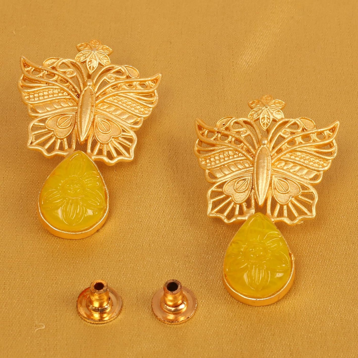 Indian Earrings for Women, Yellow Glass Stone, Matte Gold Tone | Butterfly motif; handcrafted, Bollywood-inspired costume jewelry; trendy fashion