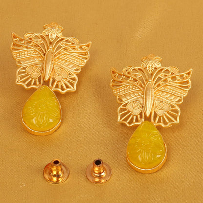 Indian Earrings for Women, Yellow Glass Stone, Matte Gold Tone | Butterfly motif; handcrafted, Bollywood-inspired costume jewelry; trendy fashion