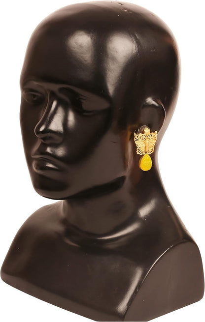 Indian Earrings for Women, Yellow Glass Stone, Matte Gold Tone | Butterfly motif; handcrafted, Bollywood-inspired costume jewelry; trendy fashion
