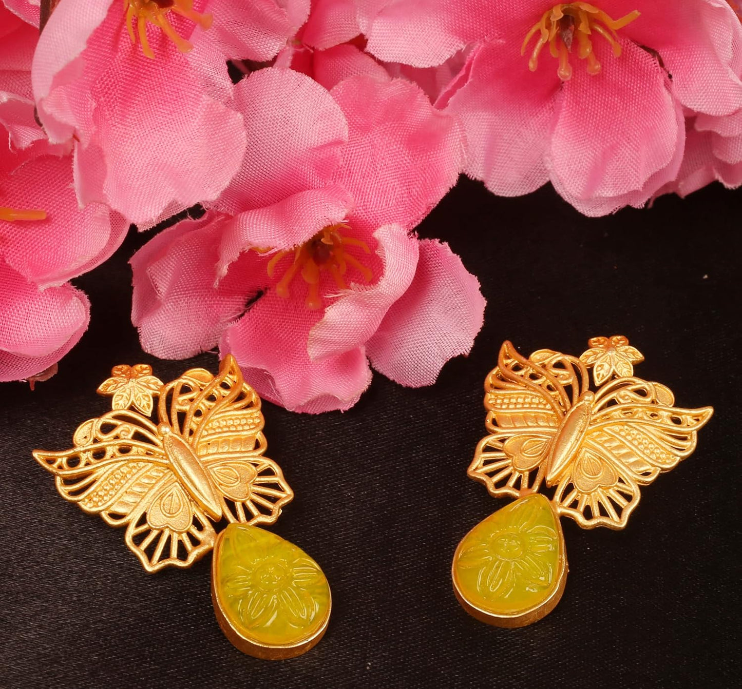 Indian Earrings for Women, Yellow Glass Stone, Matte Gold Tone | Butterfly motif; handcrafted, Bollywood-inspired costume jewelry; trendy fashion