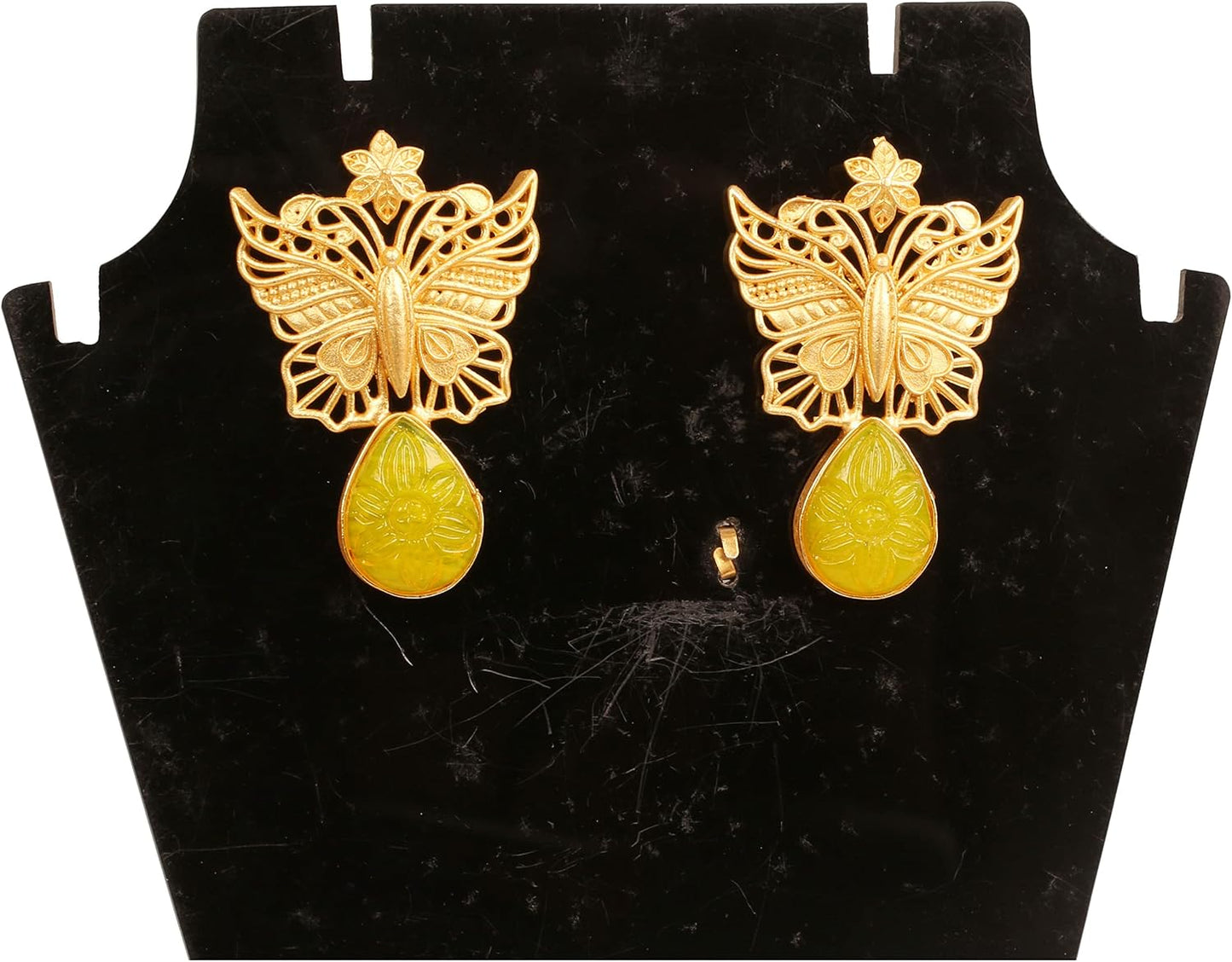 Indian Earrings for Women, Yellow Glass Stone, Matte Gold Tone | Butterfly motif; handcrafted, Bollywood-inspired costume jewelry; trendy fashion
