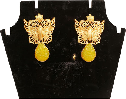 Indian Earrings for Women, Yellow Glass Stone, Matte Gold Tone | Butterfly motif; handcrafted, Bollywood-inspired costume jewelry; trendy fashion