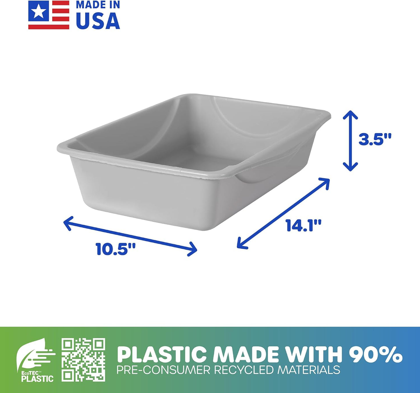 Basic Open Cat Litter Pan, Multidirectional Easy to Clean Plastic Litter Box, Gray, Made in USA, 14" x 10.5" x 3.5", Small Recommended for Kittens and Small Cats