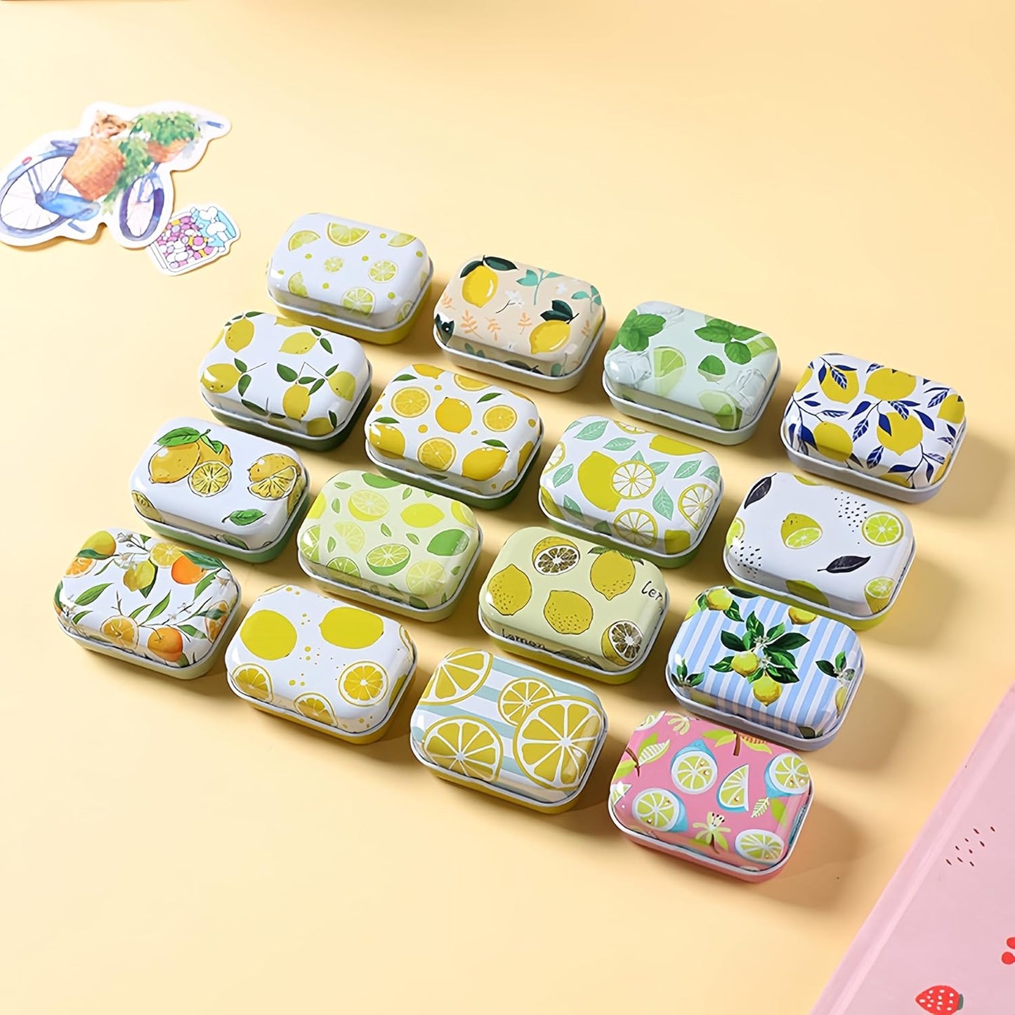 8Pcs Mini Flower Tin Trinket Jewelry Organizer Storage Box Decorative Boxes Small Metal Tins with Hinged Lids Portable Box Containers Small Storage Kit (Lemon)