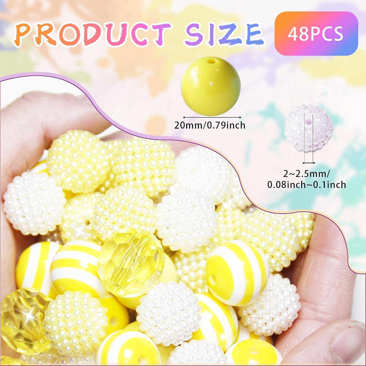48 Pcs 20mm Beads for Pens Bubblegum Beads Yellow Crystal Acrylic Round Chunky Beads Sparkly Large Balls Beads for Pen Beadable Keychain Bracelet Necklace DIY Jewelry Making Supplies