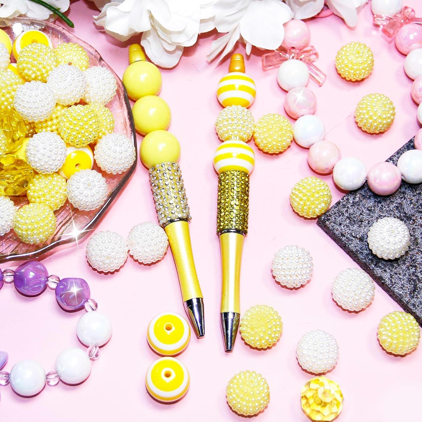 48 Pcs 20mm Beads for Pens Bubblegum Beads Yellow Crystal Acrylic Round Chunky Beads Sparkly Large Balls Beads for Pen Beadable Keychain Bracelet Necklace DIY Jewelry Making Supplies