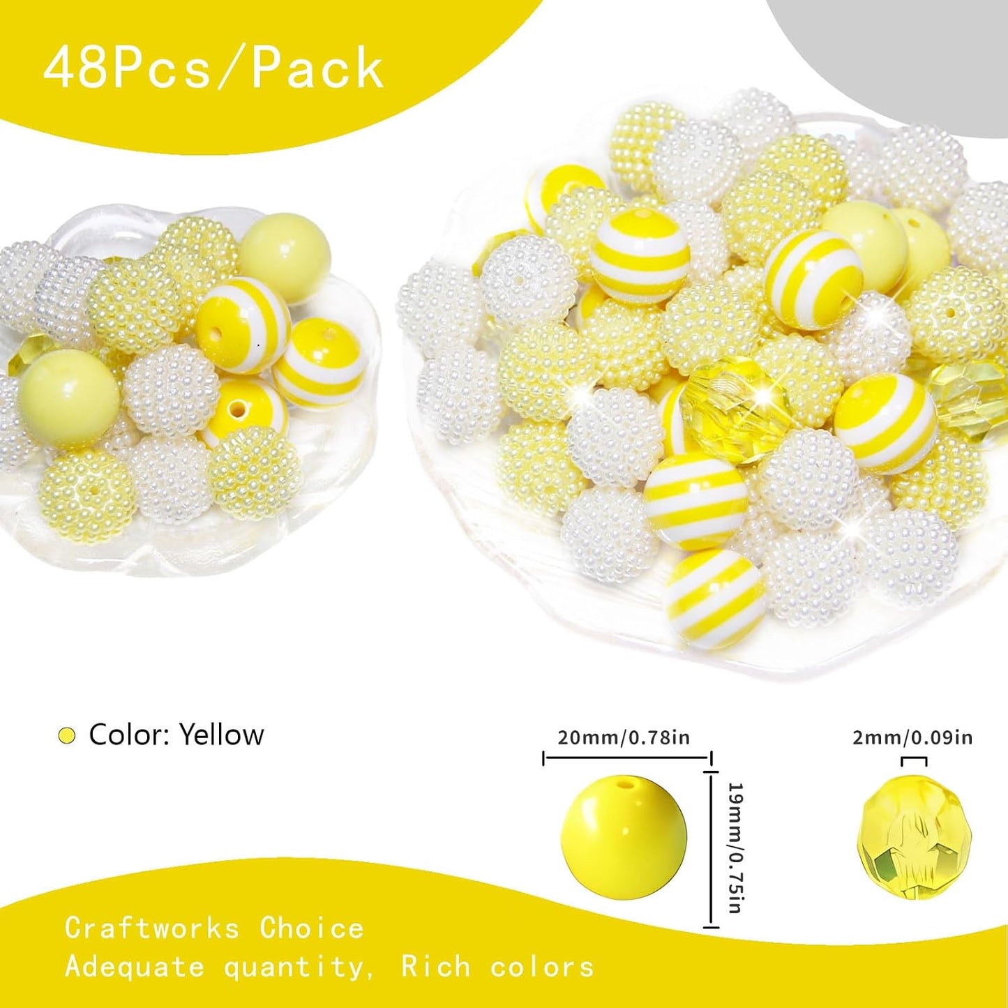 48 Pcs 20mm Beads for Pens Bubblegum Beads Yellow Crystal Acrylic Round Chunky Beads Sparkly Large Balls Beads for Pen Beadable Keychain Bracelet Necklace DIY Jewelry Making Supplies