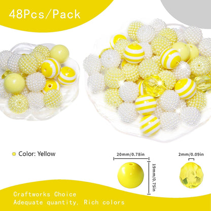 48 Pcs 20mm Beads for Pens Bubblegum Beads Yellow Crystal Acrylic Round Chunky Beads Sparkly Large Balls Beads for Pen Beadable Keychain Bracelet Necklace DIY Jewelry Making Supplies