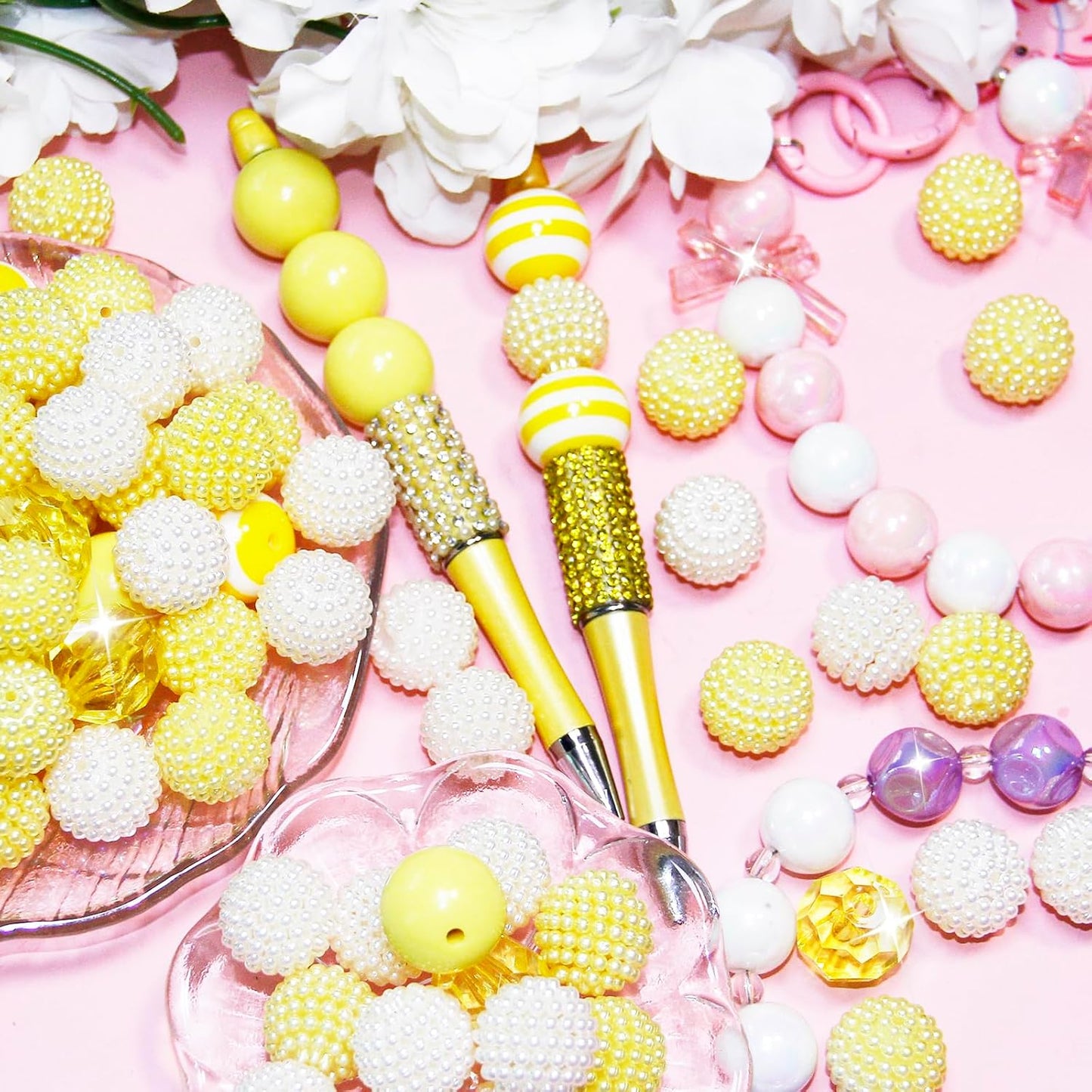 48 Pcs 20mm Beads for Pens Bubblegum Beads Yellow Crystal Acrylic Round Chunky Beads Sparkly Large Balls Beads for Pen Beadable Keychain Bracelet Necklace DIY Jewelry Making Supplies