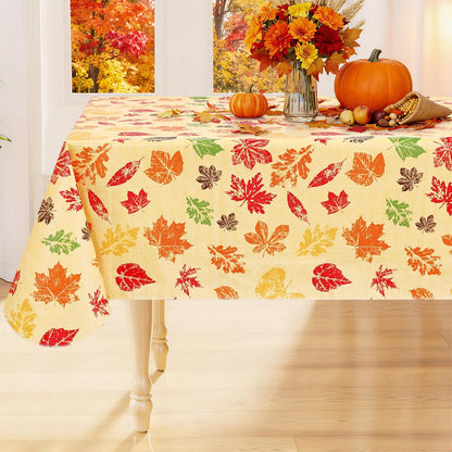 Fall Rectangle Table Cloth, Waterproof Vinyl Tablecloth with Flannel Backing, Wipeable Autumn Leaves Plastic Tablecloths for Harvest and Thanksgiving Parties, (60"x140", Rust & Yellow)