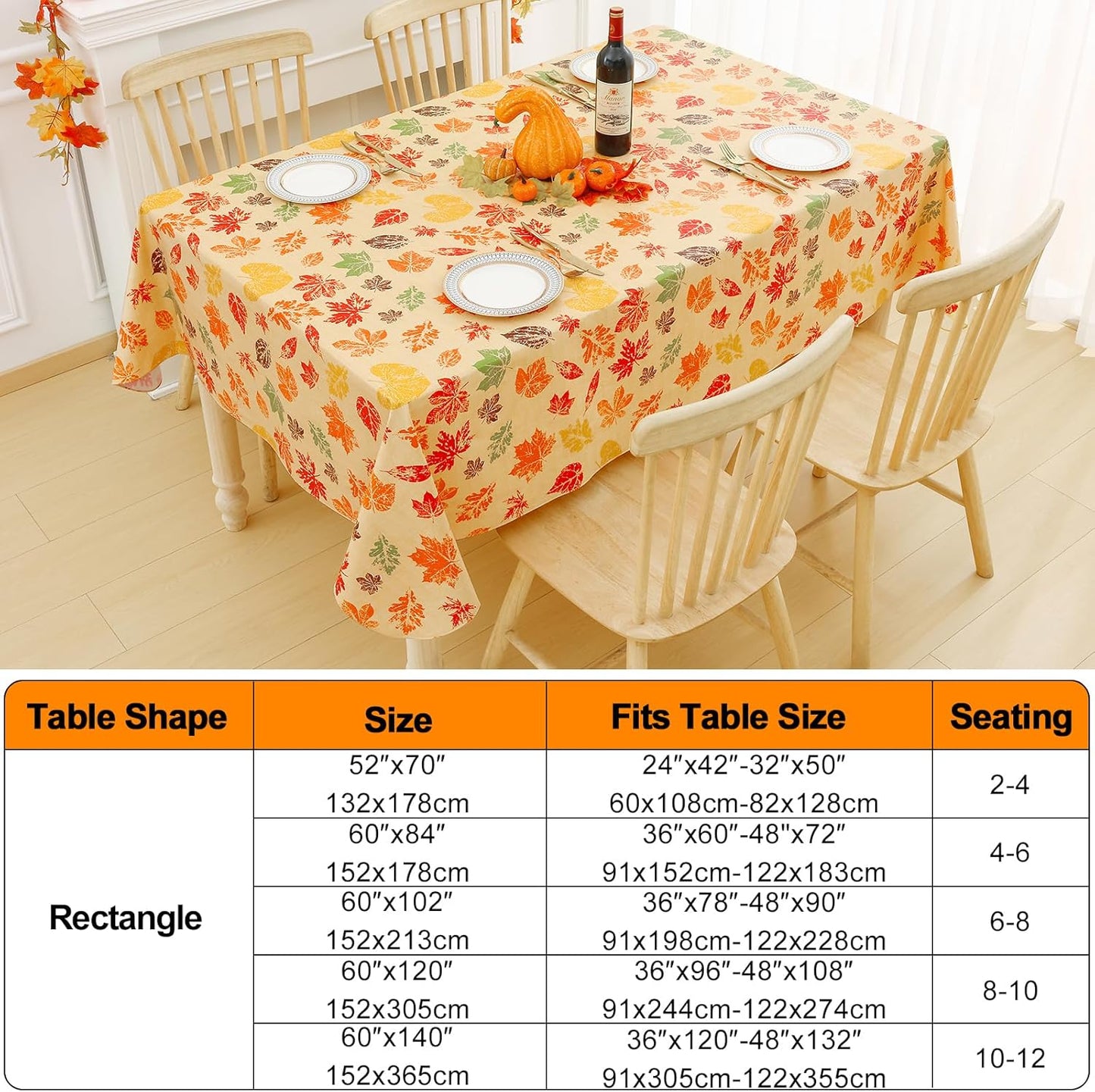 Fall Rectangle Table Cloth, Waterproof Vinyl Tablecloth with Flannel Backing, Wipeable Autumn Leaves Plastic Tablecloths for Harvest and Thanksgiving Parties, (60"x140", Rust & Yellow)