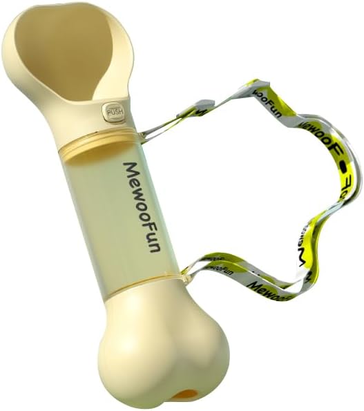 Bone Shaped Pet Water Bottle with Poop Bag Dispenser - Leak-Proof Travel Bottle for Walking & Hiking, Travel Essentials for Dogs, Travel Water Dispenser with Drinking Bowl, Yellow