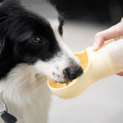 Bone Shaped Pet Water Bottle with Poop Bag Dispenser - Leak-Proof Travel Bottle for Walking & Hiking, Travel Essentials for Dogs, Travel Water Dispenser with Drinking Bowl, Yellow
