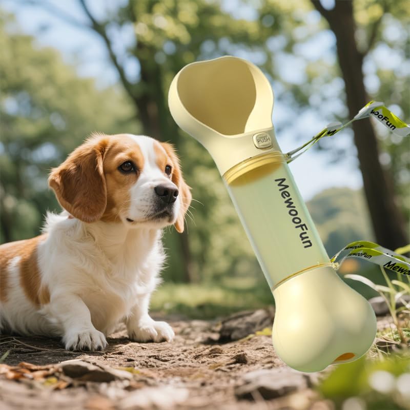 Bone Shaped Pet Water Bottle with Poop Bag Dispenser - Leak-Proof Travel Bottle for Walking & Hiking, Travel Essentials for Dogs, Travel Water Dispenser with Drinking Bowl, Yellow