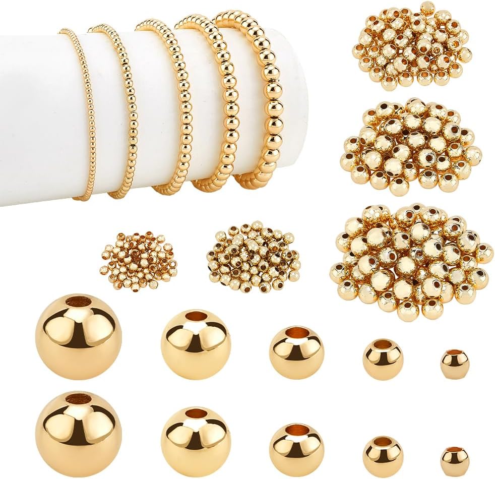 14K Gold Plated Spacer Beads, 300pcs Round Brass Beads 5 Size Metal Smooth Beads Seamless Ball Beads Long-lasting Little Beads for Summer Bracelet Necklace Jewelry DIY Crafts(2/3/4/5/6mm)