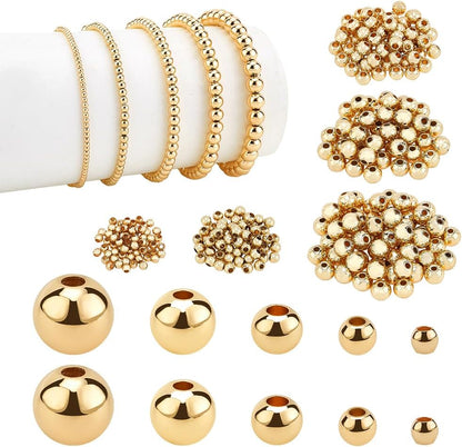 14K Gold Plated Spacer Beads, 300pcs Round Brass Beads 5 Size Metal Smooth Beads Seamless Ball Beads Long-lasting Little Beads for Summer Bracelet Necklace Jewelry DIY Crafts(2/3/4/5/6mm)