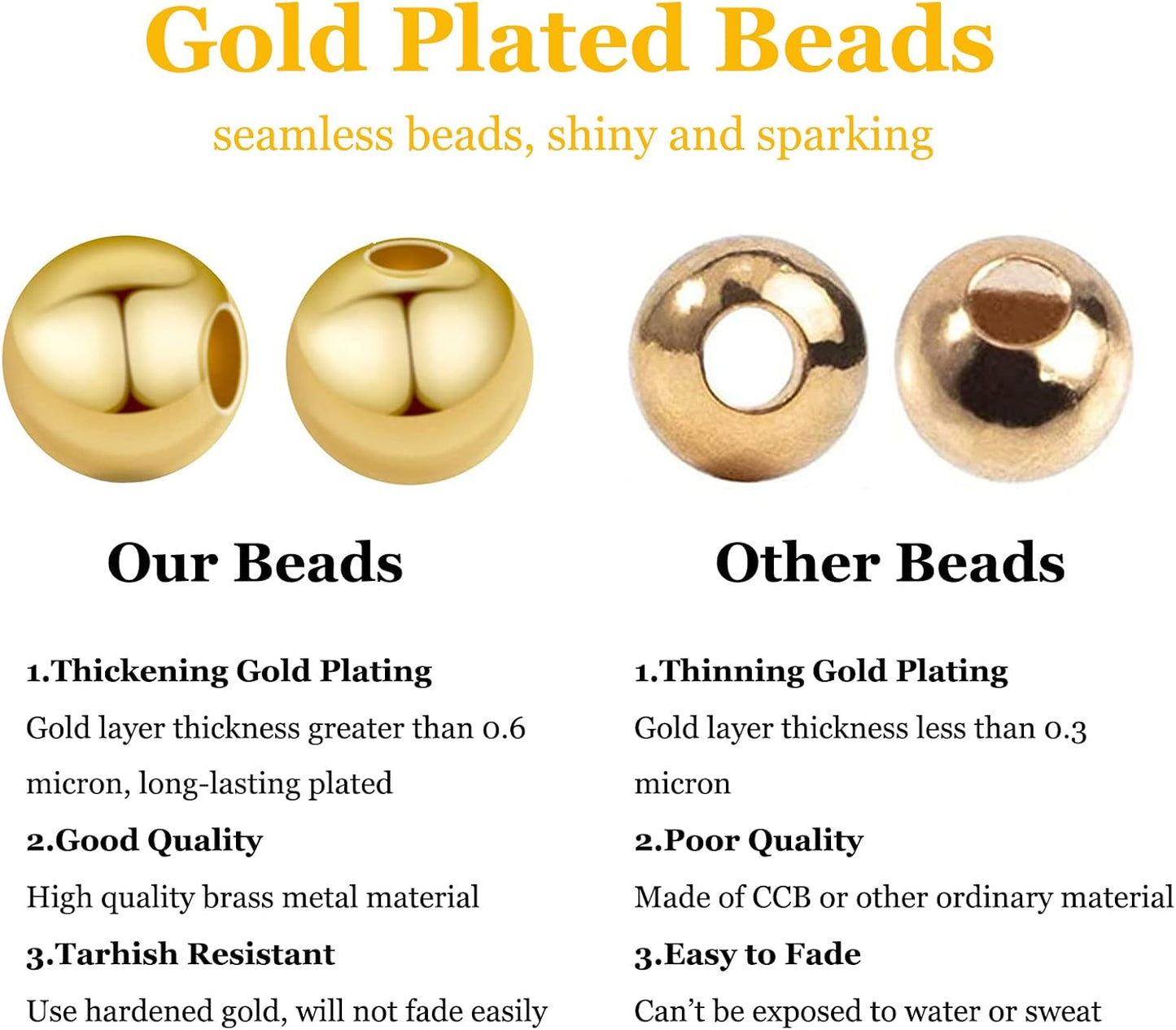 14K Gold Plated Spacer Beads, 300pcs Round Brass Beads 5 Size Metal Smooth Beads Seamless Ball Beads Long-lasting Little Beads for Summer Bracelet Necklace Jewelry DIY Crafts(2/3/4/5/6mm)