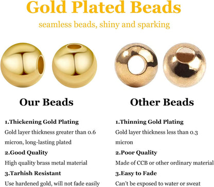 14K Gold Plated Spacer Beads, 300pcs Round Brass Beads 5 Size Metal Smooth Beads Seamless Ball Beads Long-lasting Little Beads for Summer Bracelet Necklace Jewelry DIY Crafts(2/3/4/5/6mm)