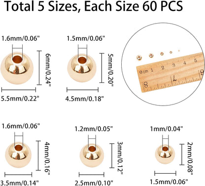 14K Gold Plated Spacer Beads, 300pcs Round Brass Beads 5 Size Metal Smooth Beads Seamless Ball Beads Long-lasting Little Beads for Summer Bracelet Necklace Jewelry DIY Crafts(2/3/4/5/6mm)