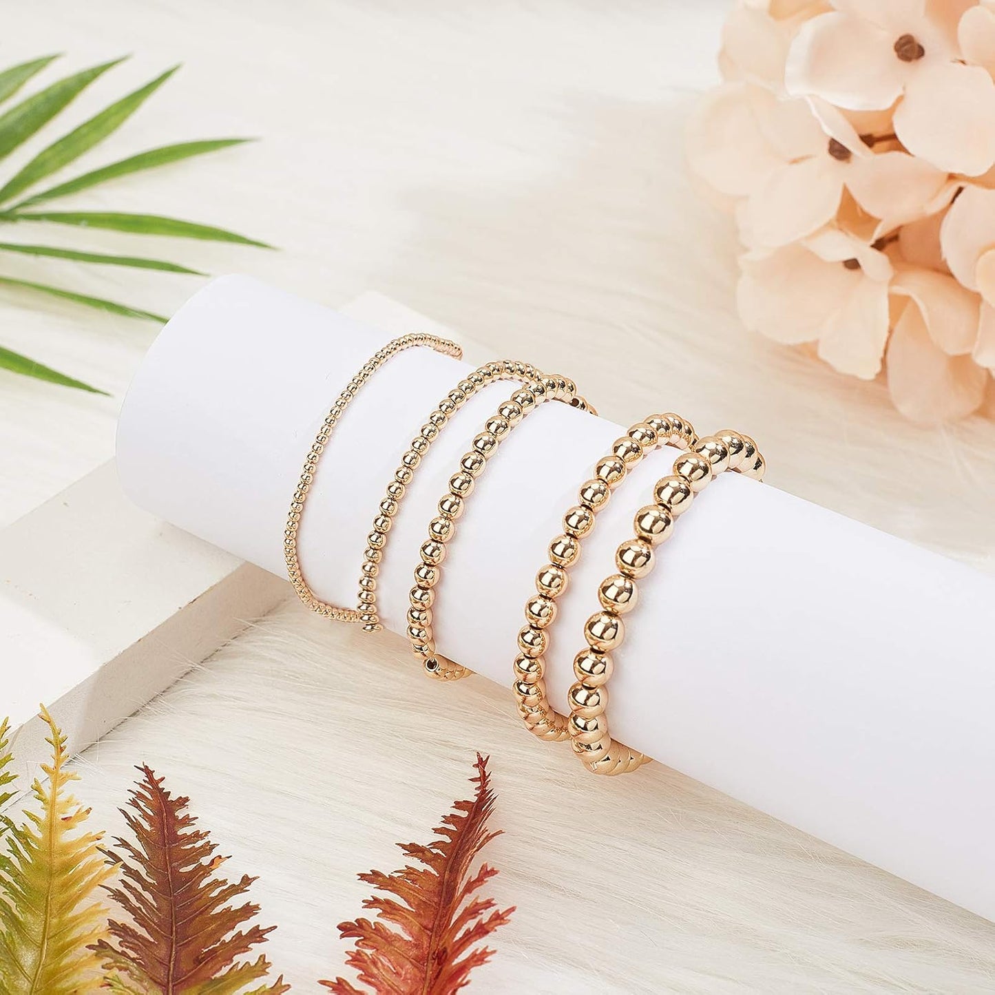 14K Gold Plated Spacer Beads, 300pcs Round Brass Beads 5 Size Metal Smooth Beads Seamless Ball Beads Long-lasting Little Beads for Summer Bracelet Necklace Jewelry DIY Crafts(2/3/4/5/6mm)