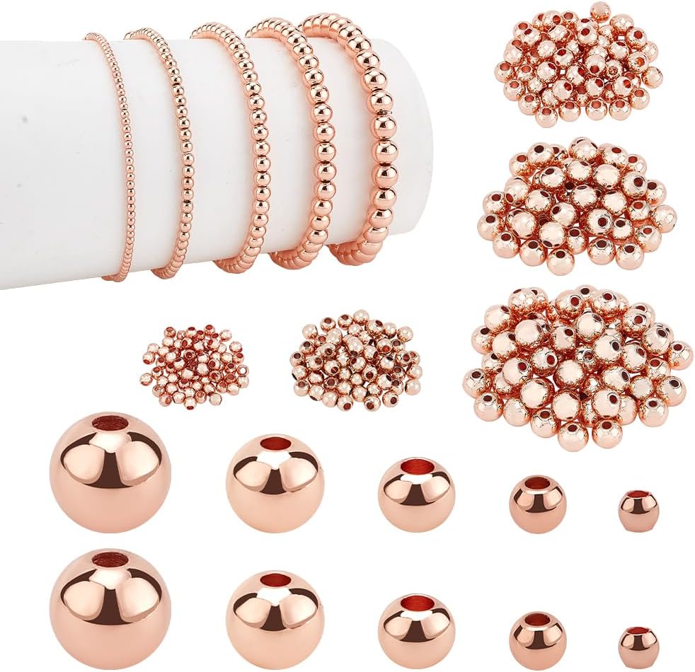 14K Gold Plated Spacer Beads, 300pcs Round Brass Beads 5 Size Metal Smooth Beads Seamless Ball Beads Long-lasting Little Beads for Summer Bracelet Necklace Jewelry DIY Crafts(2/3/4/5/6mm)