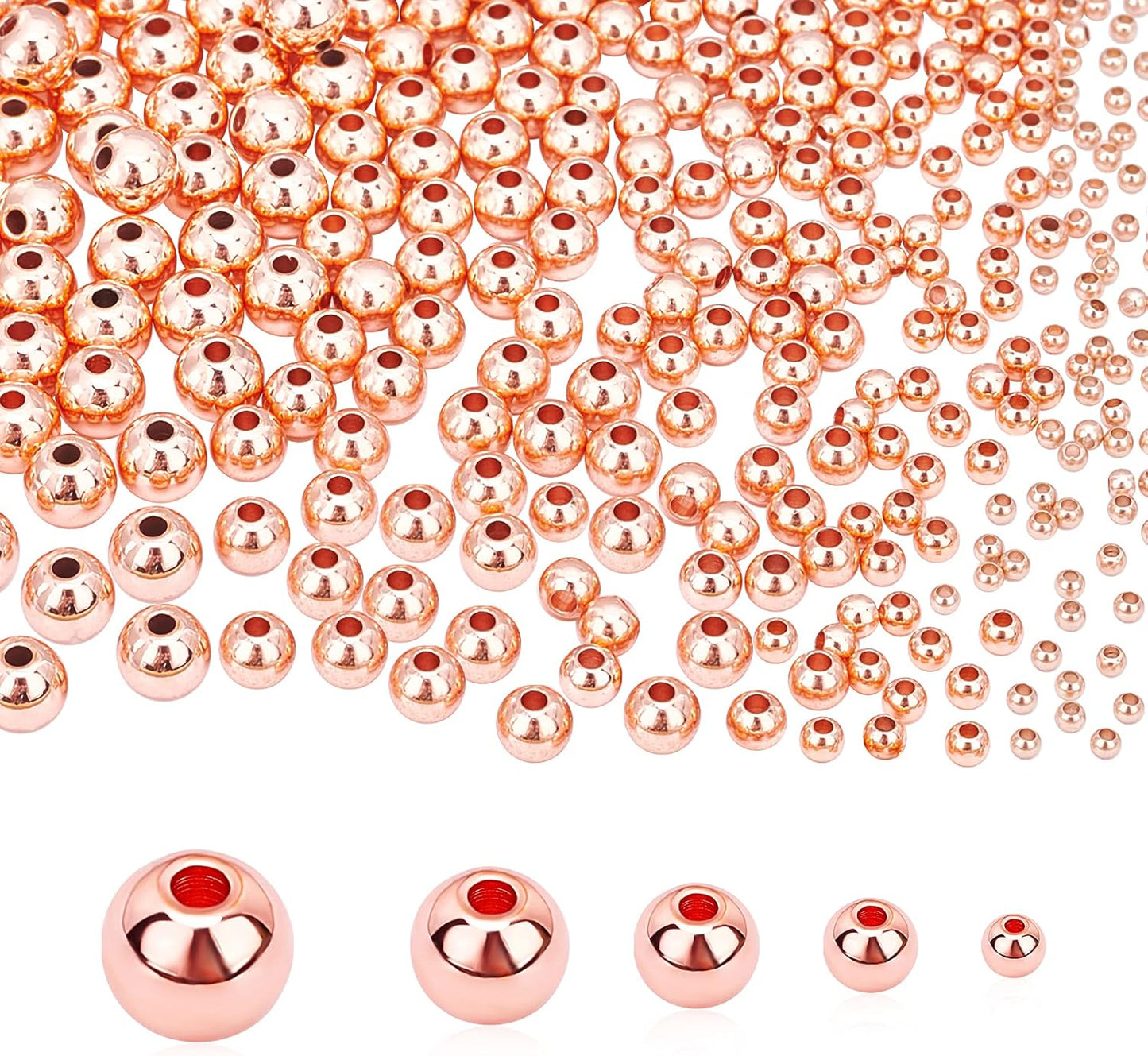 14K Gold Plated Spacer Beads, 300pcs Round Brass Beads 5 Size Metal Smooth Beads Seamless Ball Beads Long-lasting Little Beads for Summer Bracelet Necklace Jewelry DIY Crafts(2/3/4/5/6mm)