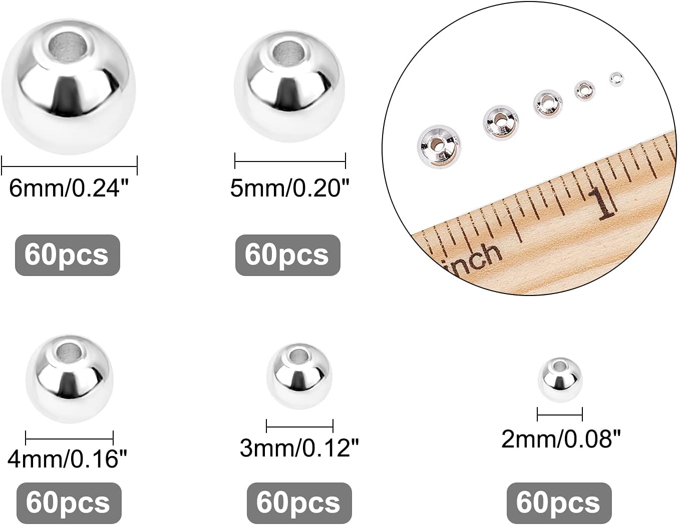 14K Gold Plated Spacer Beads, 300pcs Round Brass Beads 5 Size Metal Smooth Beads Seamless Ball Beads Long-lasting Little Beads for Summer Bracelet Necklace Jewelry DIY Crafts(2/3/4/5/6mm)