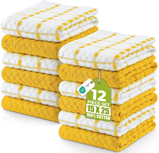 Kitchen Towels 12 Pack, 15 x 25 Inches, 100% Ring Spun Cotton Super Soft and Absorbent Linen Dish, Tea and Bar Towels Set, Yellow