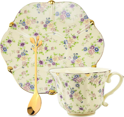 Country Roses Porcelain Tea Cup and Saucer Set with Gold Trim, Vintage Style, For Women and Tea Parties (1, Yellow)