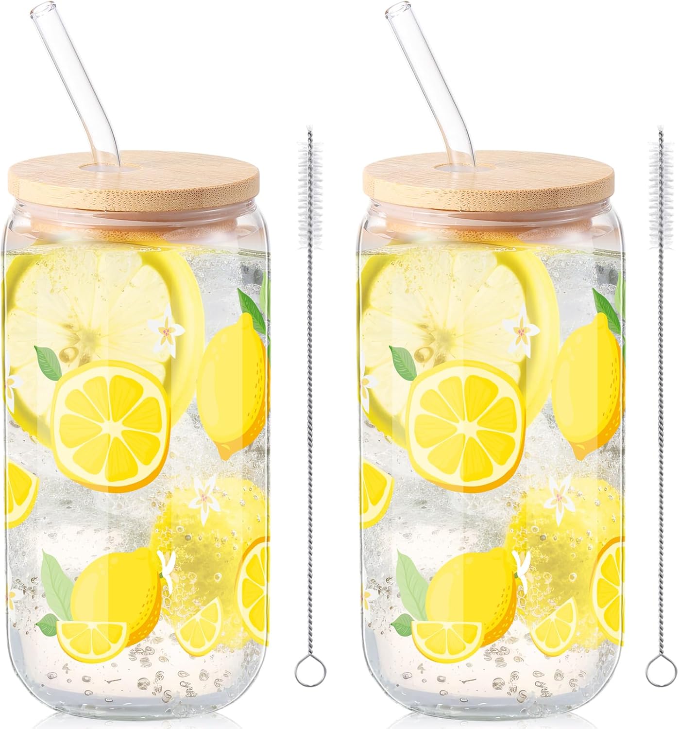 2 Pcs Lemon Glass Cups Summer Drinking Tumbler 16 oz Iced Coffee Cup with Lid Straw Cleaning Brush Cute Beer Can Tumbler Holiday Gifts for Spring Summer Home Office Decorations