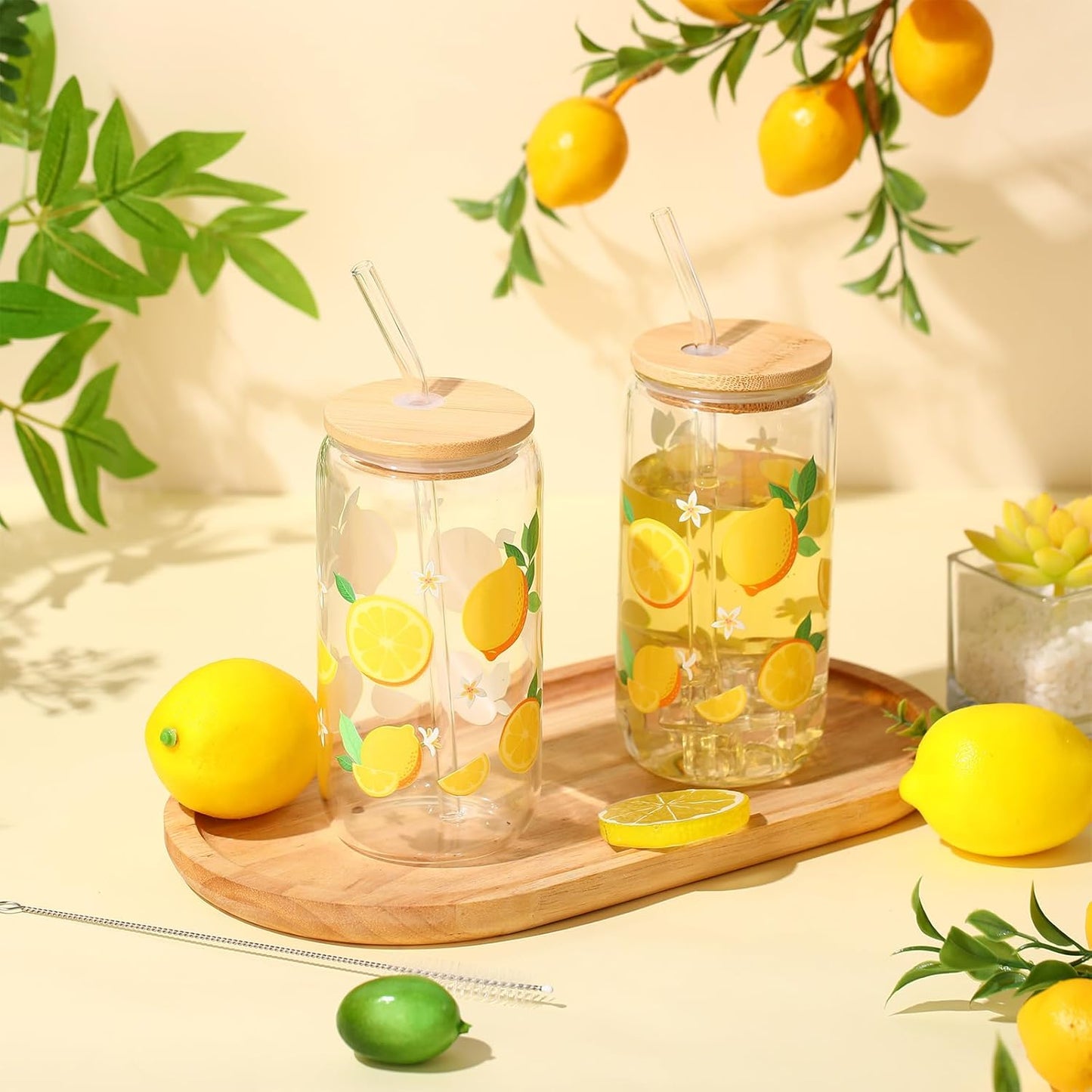 2 Pcs Lemon Glass Cups Summer Drinking Tumbler 16 oz Iced Coffee Cup with Lid Straw Cleaning Brush Cute Beer Can Tumbler Holiday Gifts for Spring Summer Home Office Decorations