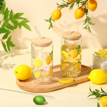 2 Pcs Lemon Glass Cups Summer Drinking Tumbler 16 oz Iced Coffee Cup with Lid Straw Cleaning Brush Cute Beer Can Tumbler Holiday Gifts for Spring Summer Home Office Decorations