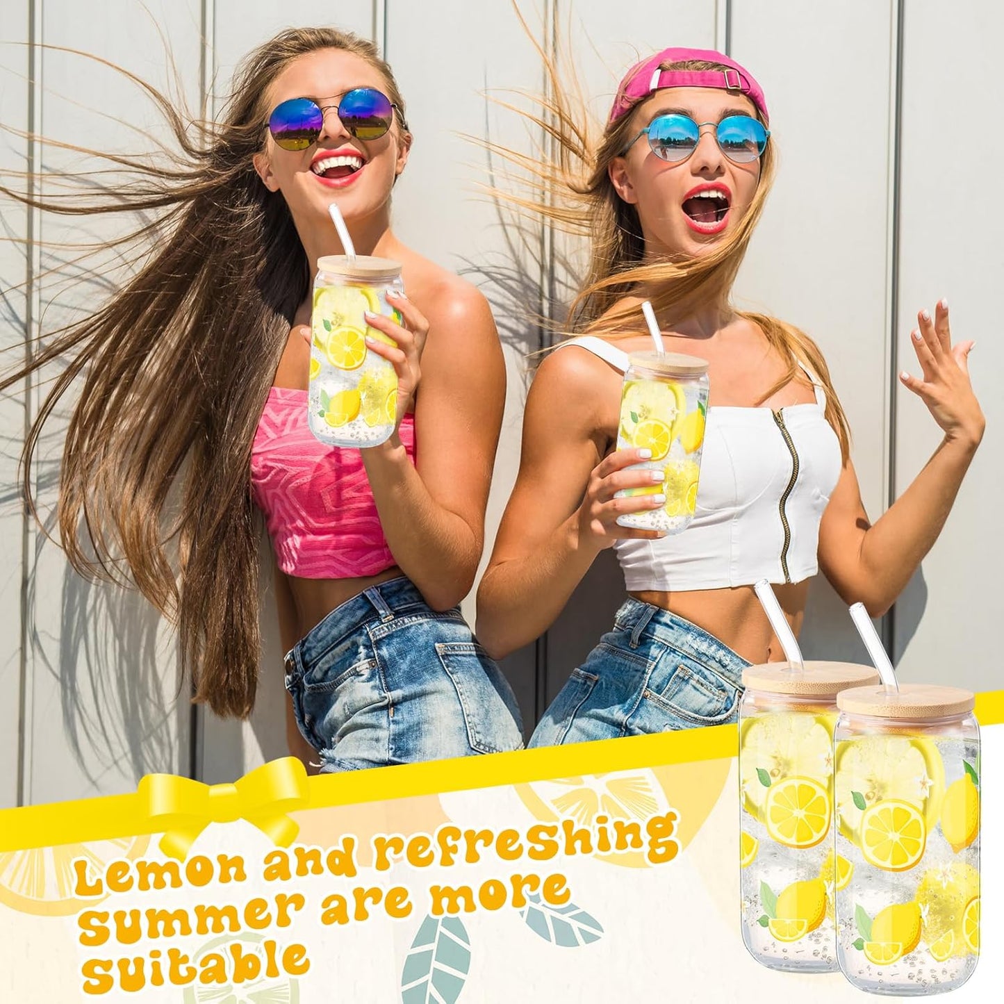2 Pcs Lemon Glass Cups Summer Drinking Tumbler 16 oz Iced Coffee Cup with Lid Straw Cleaning Brush Cute Beer Can Tumbler Holiday Gifts for Spring Summer Home Office Decorations