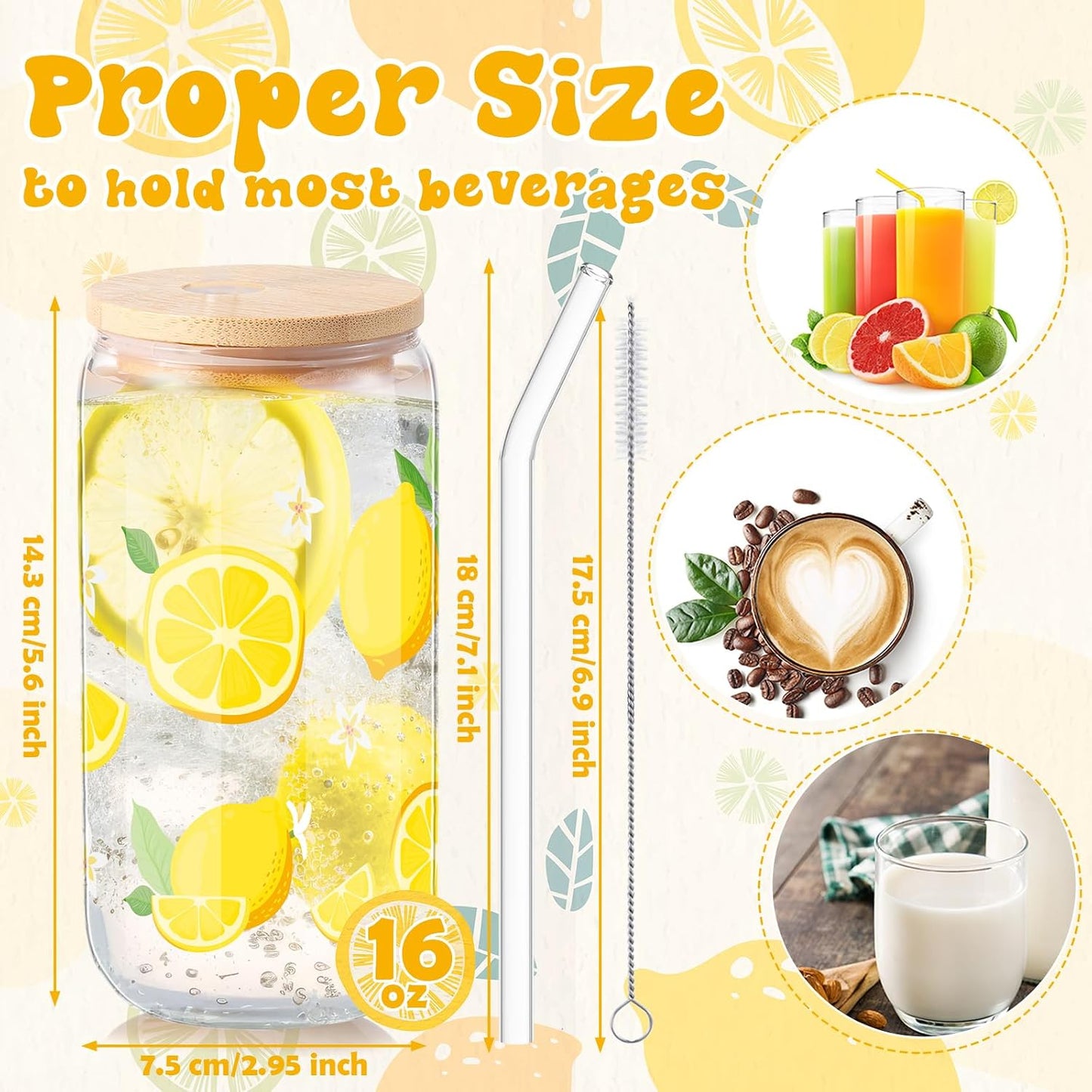 2 Pcs Lemon Glass Cups Summer Drinking Tumbler 16 oz Iced Coffee Cup with Lid Straw Cleaning Brush Cute Beer Can Tumbler Holiday Gifts for Spring Summer Home Office Decorations
