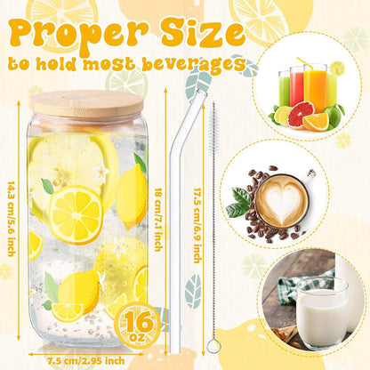 2 Pcs Lemon Glass Cups Summer Drinking Tumbler 16 oz Iced Coffee Cup with Lid Straw Cleaning Brush Cute Beer Can Tumbler Holiday Gifts for Spring Summer Home Office Decorations