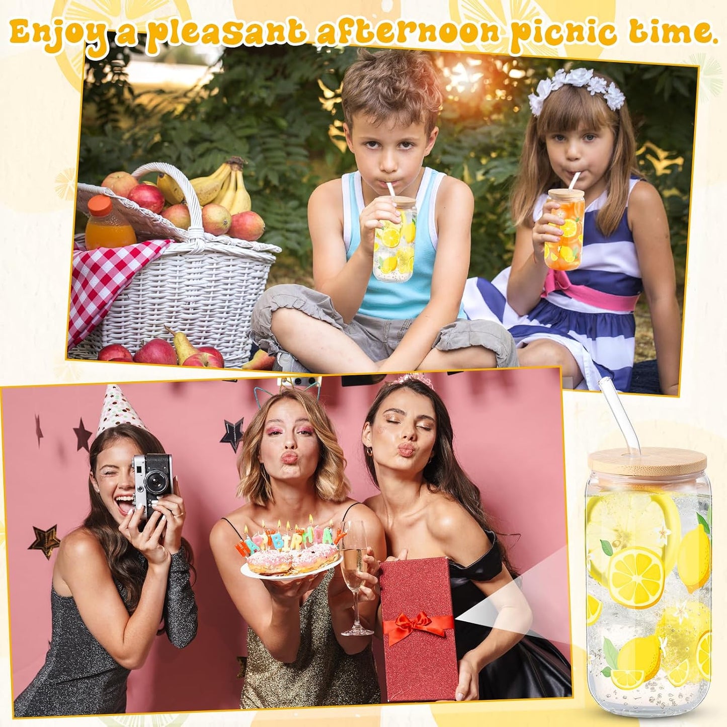 2 Pcs Lemon Glass Cups Summer Drinking Tumbler 16 oz Iced Coffee Cup with Lid Straw Cleaning Brush Cute Beer Can Tumbler Holiday Gifts for Spring Summer Home Office Decorations