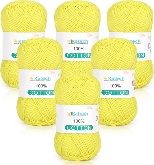 Pure Cotton Yarn for Crocheting & Knitting–Soft Sport Weight CYC #2, 6 Skeins (50g Each, 300g Total), Ideal Crochet Yarn for Dishcloths, Baby Clothes, Socks, Lightweight Scarves（Soft Yellow）