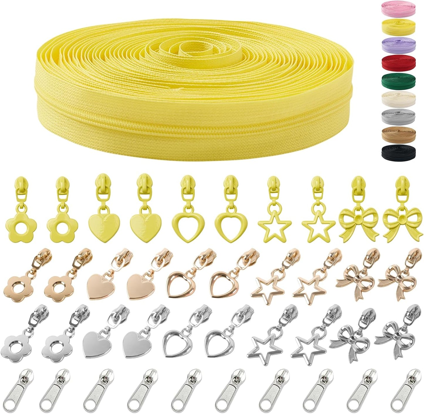 10 Yards Sewing Zipper Tapes with 40 pcs Assorted Charm Pulls Bulk Nylon Coil Zippers for Bags and Purses Tailor DIY Craft Sewing Supplies (#3 Yellow)