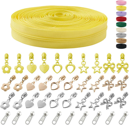 10 Yards Sewing Zipper Tapes with 40 pcs Assorted Charm Pulls Bulk Nylon Coil Zippers for Bags and Purses Tailor DIY Craft Sewing Supplies (#3 Yellow)