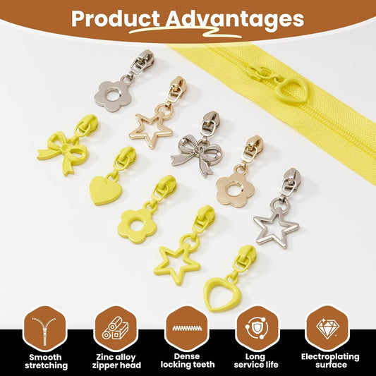 10 Yards Sewing Zipper Tapes with 40 pcs Assorted Charm Pulls Bulk Nylon Coil Zippers for Bags and Purses Tailor DIY Craft Sewing Supplies (#3 Yellow)