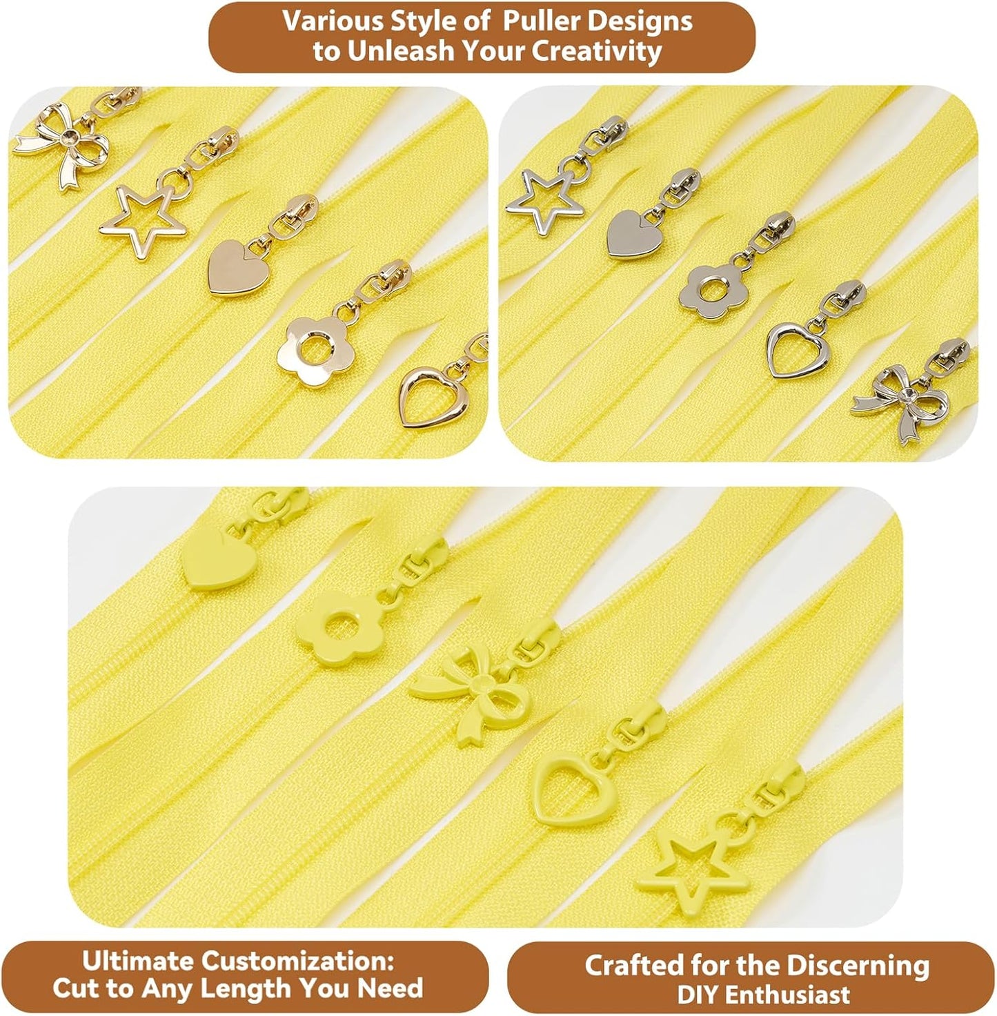 10 Yards Sewing Zipper Tapes with 40 pcs Assorted Charm Pulls Bulk Nylon Coil Zippers for Bags and Purses Tailor DIY Craft Sewing Supplies (#3 Yellow)