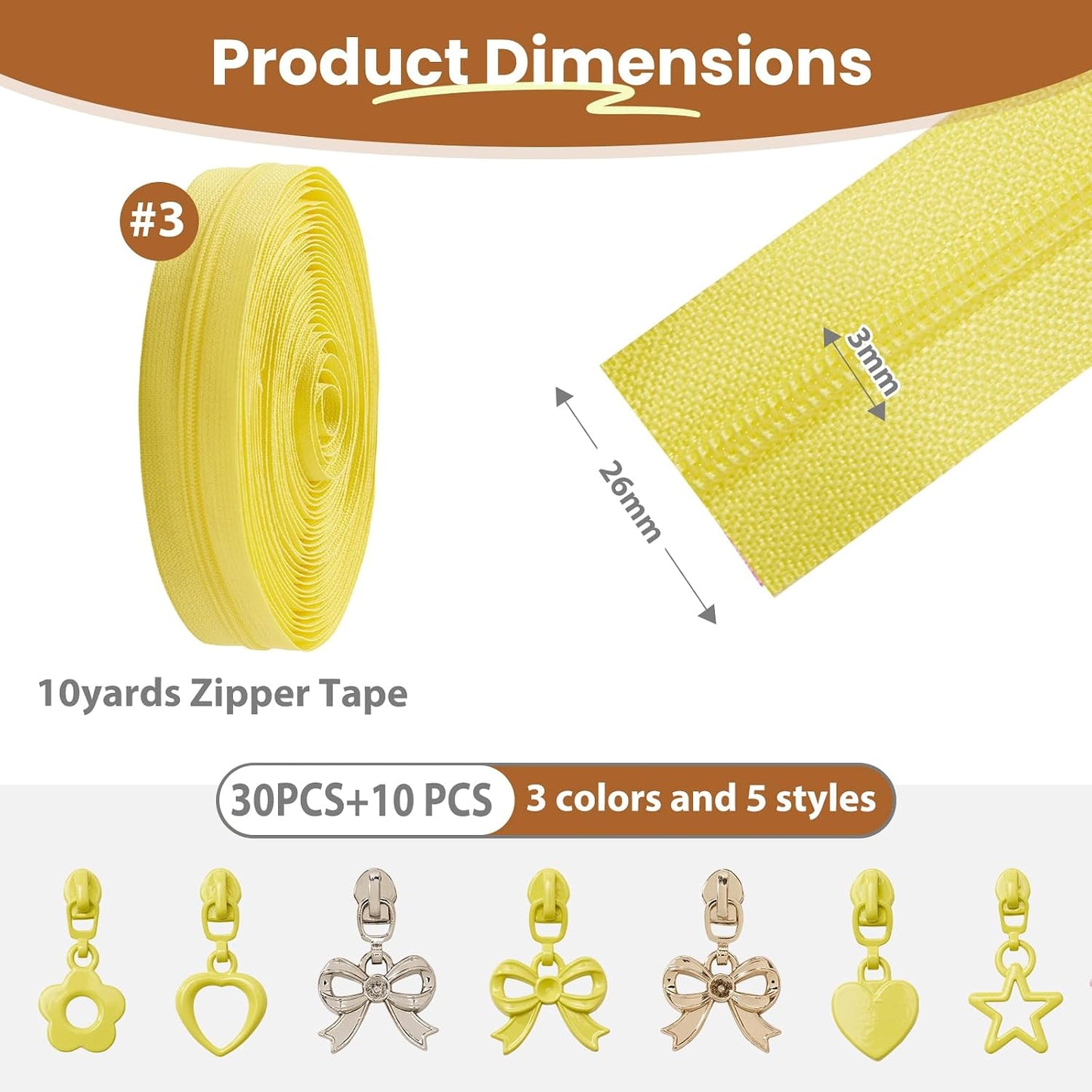 10 Yards Sewing Zipper Tapes with 40 pcs Assorted Charm Pulls Bulk Nylon Coil Zippers for Bags and Purses Tailor DIY Craft Sewing Supplies (#3 Yellow)