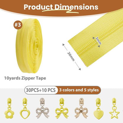 10 Yards Sewing Zipper Tapes with 40 pcs Assorted Charm Pulls Bulk Nylon Coil Zippers for Bags and Purses Tailor DIY Craft Sewing Supplies (#3 Yellow)