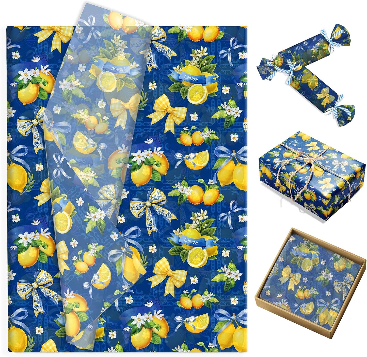 100Pcs Blue and White Porcelain Lemon Bow Tissue Paper for DIY Gift Wrap | fruit wrapping tissue paper, Flower bouquet tissue paper, floral tissue paper, Coquette gift packaging tissue paper