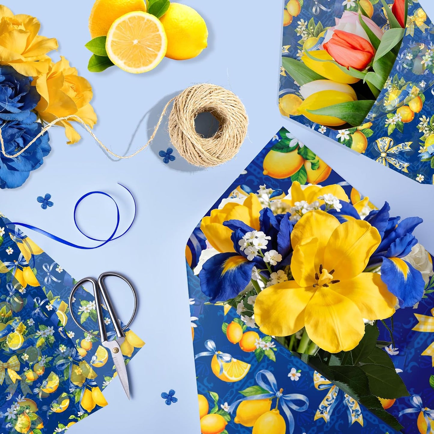 100Pcs Blue and White Porcelain Lemon Bow Tissue Paper for DIY Gift Wrap | fruit wrapping tissue paper, Flower bouquet tissue paper, floral tissue paper, Coquette gift packaging tissue paper