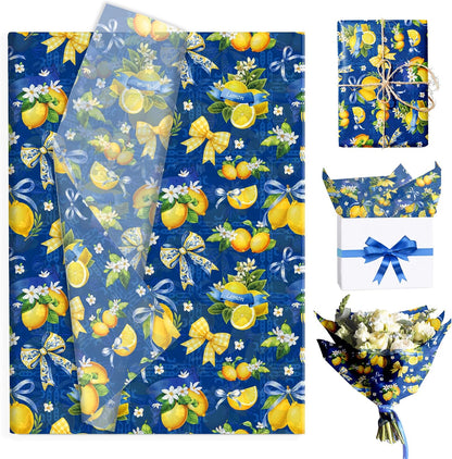 100Pcs Blue and White Porcelain Lemon Bow Tissue Paper for DIY Gift Wrap | fruit wrapping tissue paper, Flower bouquet tissue paper, floral tissue paper, Coquette gift packaging tissue paper