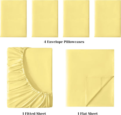 6 Pieces Bed Sheets Set(Full, Yellow) - Hotel Luxury Super Soft 1800 Thread Count 100% Microfiber Sheets with Deep Pockets, Wrinkle & Fade Resistant