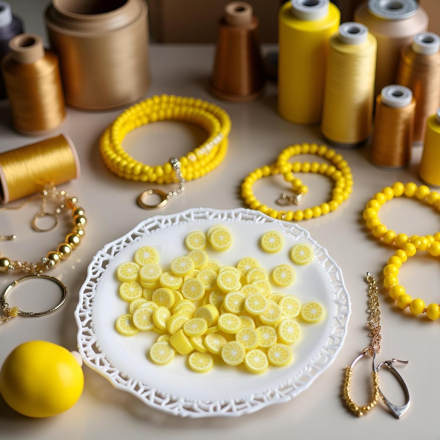 200 Pcs Yellow Lemon Polymer Clay Beads Fruit Charm Beads Flat Spacer Beads Making Supplies for Necklace Earring Bracelet Making Lemon Beading Supplies Beads and Bead Assortments (10mm)